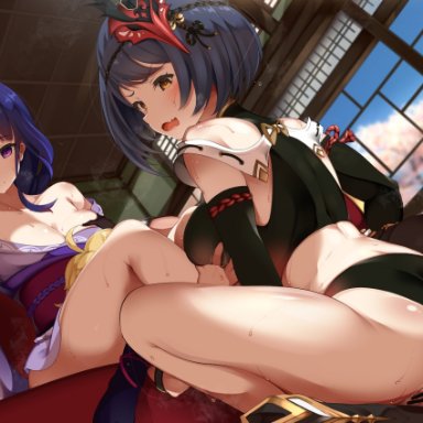 1boy, 2girls, aether (genshin impact), ass, blush, breast grab, censor bar, censored, cleavage, couch, cowgirl position, double breast grab, genshin impact, girl on top, groping