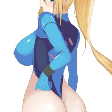 1girls, 2021, ass, big breasts, blonde hair, blue eyes, blush, breasts, female, female only, long hair, looking back, metroid, nintendo, ponytail