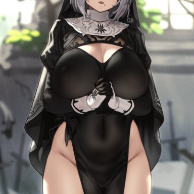 1girls, big breasts, breasts, female, female only, houtengeki, large breasts, looking at viewer, nier, nier: automata, nun, skindentation, solo, thick thighs, thighhighs