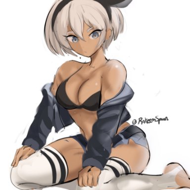 1girls, 2021, artist signature, bea (pokemon), blue eyes, bra, breasts, brown skin, dark-skinned female, dark skin, feet out of frame, female, female focus, female only, grey hair