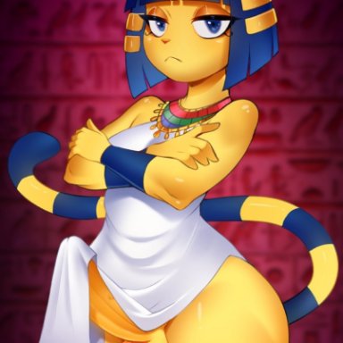 1futa, 2021, animal crossing, ankha, anthro, balls, blue eyes, blue hair, clothed, clothing, crossed arms, domestic cat, dress, erection, erection under clothing