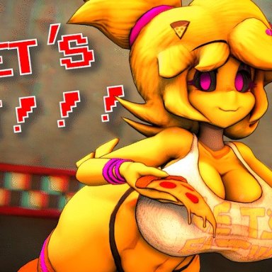 1girls, 3d, animated, animatronic, background, bands, big breasts, blinking, bouncing breasts, cally3d, chica (fnaf), cleavage, clothing, female, female only