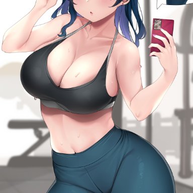 big breasts, blue hair, breasts, cleavage, hi res, high resolution, highres, hourglass figure, large breasts, large filesize, love live!, love live! sunshine!!, pink hair, tem10, tsushima yoshiko