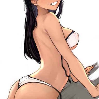 1girls, ass, bikini, black hair, breasts, brown eyes, dark skin, female, female focus, female only, hayase nagatoro, long hair, looking at viewer, looking back, medium breasts