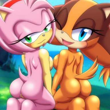 amy rose, ass, back, bbmbbf, blue eyes, feet, furry, green eyes, mobius unleashed, open mouth, outside, palcomix, pussy, sideboob, sonic (series)