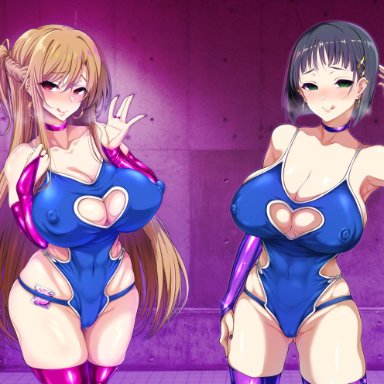 2021, 2girls, alternate eye color, arm up, armpits, ass visible through thighs, belly button, black hair, blue swimsuit, blush, breasts, choker, cleavage, cleavage cutout, cleavage window