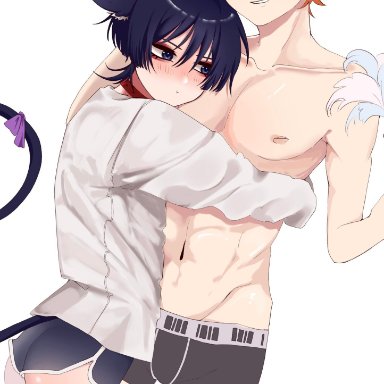 2boys, abs, ass, blue eyes, blue hair, cat boy, cat ears, cat tail, catboy, childe (genshin impact), choker, collar, gay, genshin impact, ginger