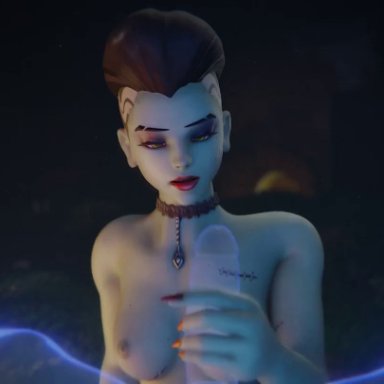 1boy, 1girls, 3d, absurdres, animated, areolae, asymmetrical hair, audiodude, bed, blender, blizzard entertainment, blowjob, bouncing breasts, breasts, bride sombra