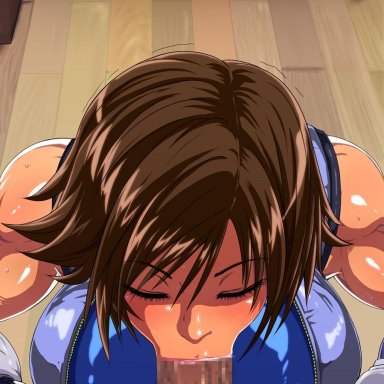 1boy, 1girl, :>=, asuka kazama, blowjob, blue jacket, brown hair, censored, censored penis, fellatio, giver pov, hentai, large breasts, muscular female, muscular shoulders