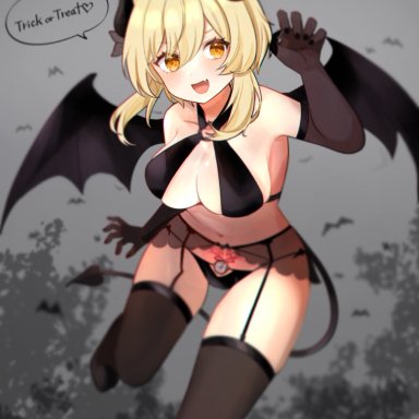 1girls, big breasts, blonde hair, blush, breasts, cleavage, cute, cute fang, demon, demon girl, demon horns, demon tail, demon wings, english text, female