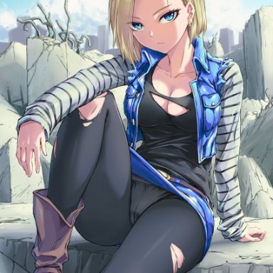 android 18, blonde hair, blue eyes, boots, breasts, cleavage, dragon ball, earrings, jacket, looking at viewer, pantyhose, solo, tagme, torn clothes
