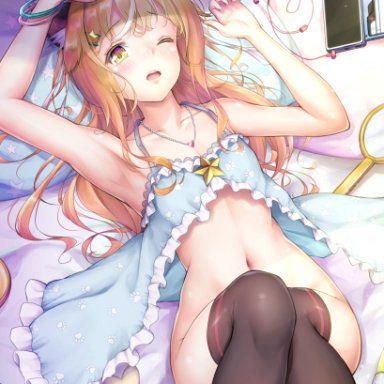 1boy, animal ears, armpit, bangle, bangs, bed, belly button, bottomless, bow, bracelets, cat ears, convenient censoring, earphones, femboy, heart