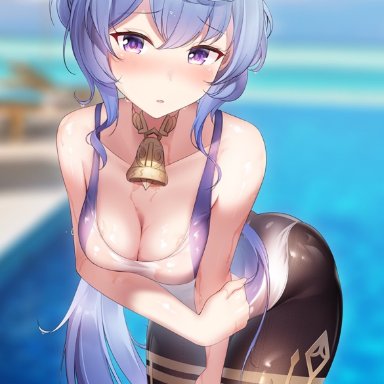 1girls, adeptus, big breasts, blue hair, blush, breasts, cowbell, ganyu (genshin impact), genshin impact, horns, purple eyes, qilin, revealing clothes, shirosaba, wet