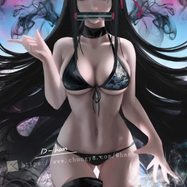 alternate costume, ass visible through thighs, bikini, black bikini, black hair, black legwear, choker, cleavage, d-han, demon slayer, female, female only, gag, kamado nezuko, kimetsu no yaiba