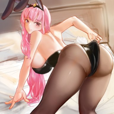 1girls, 2021, absurdres, animal ears, ass, bangs, bed, bedroom, bent over, black legwear, black leotard, blush, breasts, bunny ears, bunny girl