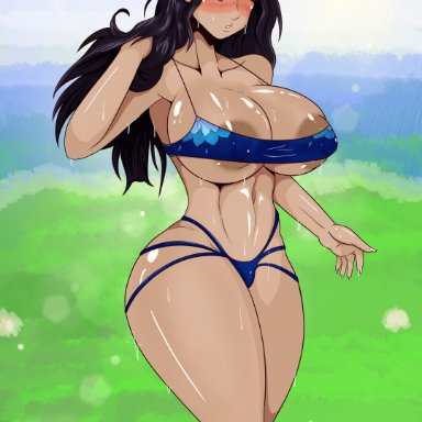 1girls, big breasts, big breasts, bikini, black hair, blaxter, brown body, female, girly, huge breasts, nico robin, one piece, partially clothed, solo