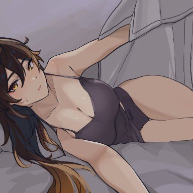 1girls, artist request, big breasts, blush, breasts, brown hair, genshin impact, laying down, laying on bed, light-skinned female, rule 63, shirt only, thick thighs, thighs, yellow eyes