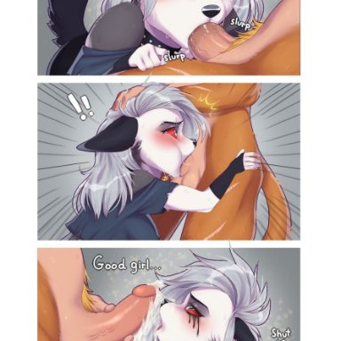 2021, 36th, anthro, balls, blush, bodily fluids, canid, canid demon, canine, canis, clothing, collar, comic, cum, cum on face