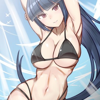 1girls, arms behind head, beach, bikini, blue hair, long hair, looking at viewer, nintendo, pokemon, pokemon rgby, posing, red eyes, sabrina (pokemon), sumida kichi, swimsuit