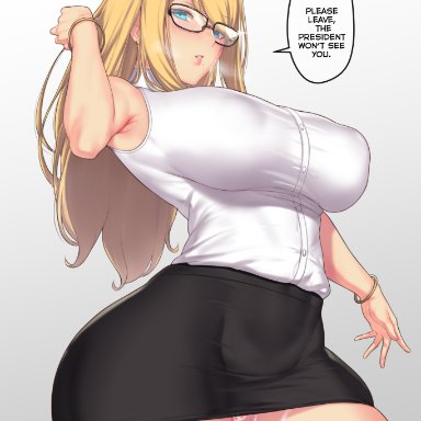 ., 1girls, after sex, aster crowley, blonde hair, blush, curvaceous, curvy, dress shirt, dripping cum, english, glasses, highres, huge breasts, human