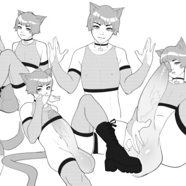 1boy, animal ears, balls, boots, bottomless, catboy, clothed, clothing, cock-tail, collage, degeneratepai, erection, femboy, fishnets, girly