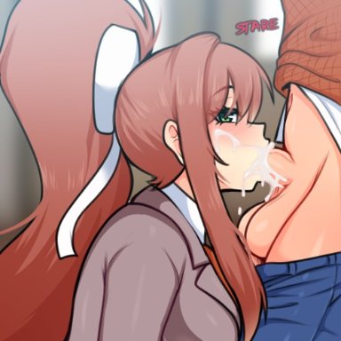 blowjob, blush, brown hair, cuckold, doki doki literature club, green eyes, looking at viewer, monika (doki doki literature club), netorare, ponytail, school uniform, schoolgirl, scocks4you, tagme, white ribbon