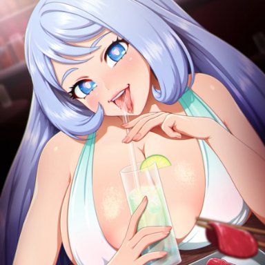 1girls, absurd res, bangs, blue eyes, blurry background, blurry foreground, breasts, chopsticks, dress, drinking, drinking glass, drinking straw, female, food, heart-shaped pupils