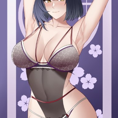 1girls, armpit, armpits, arms behind head, arms up, aslindsamure, blue hair, blush, blushing at viewer, bra strap, cleavage, collarbone, female, female focus, female only