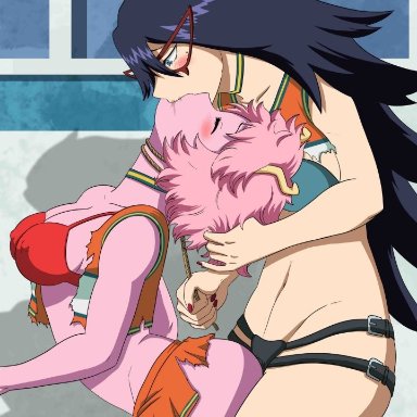 2girls, ambiguous penetration, black hair, blush, bra, breasts, hair grab, horns, kissing, long hair, mfuncen, midnight (my hero academia), mina ashido, mole under eye, my hero academia