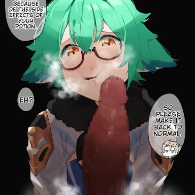 1boy, 1girls, albedo (genshin impact), animal ears, blush, censored, clothed female nude male, dialogue, genshin impact, glasses, green hair, huge cock, imminent oral, imminent sex, okpriko