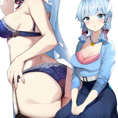 1girls, ass, ass focus, blue eyes, blue hair, blush, bra, genshin impact, kamisato ayaka, lace, panties, thick ass, thick thighs, thighhighs, thighs