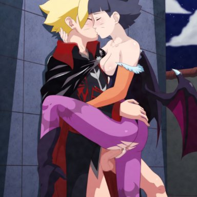 against wall, alternate breast size, blush, boots, boruto: naruto next generations, breasts, brother and sister, clothed sex, halloween, halloween costume, incest, kissing, leotard, naruto, naruto (series)