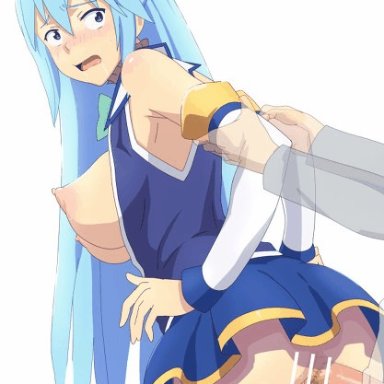 akino (artist), animated, animated gif, aqua (konosuba), armpit, arms behind back, ass, big ass, big breasts, blue eyes, blue hair, blue skirt, bouncing breasts, breasts, closed eyes