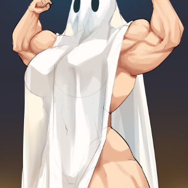 biceps, breasts, busty, female, flexing, ghost, ghost girl, halloween, halloween costume, large breasts, muscles, musctonk, muscular female, pose, solo