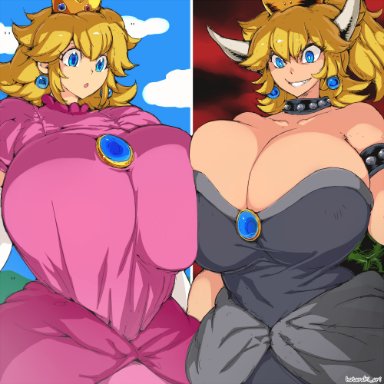 2girls, big breasts, blonde hair, blue eyes, bowsette, breast frottage, breasts, cleavage, collard, crown, dress, earrings, female, female only, hataraki ari