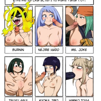 6+girls, anal, anal sex, armpit fetish, big breasts, blonde hair, blue hair, blush, breasts, burnin (my hero academia), emi fukukado, fiery hair, green eyes, himiko toga, holding penis