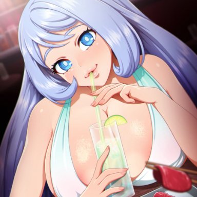 1girls, absurd res, bangs, blue eyes, blurry background, blurry foreground, breasts, chopsticks, dress, drinking, drinking glass, drinking straw, female, food, hi res