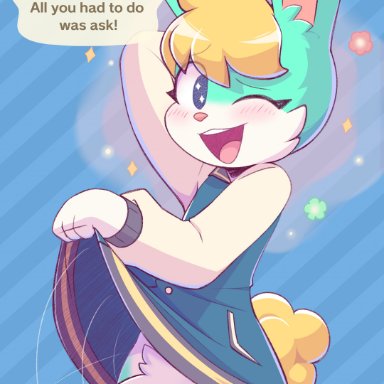 1boy, absurd res, animal crossing, anthro, balls, big ears, big penis, blonde hair, blue eyes, blush, boxers (clothing), cheek tuft, clothed, clothing, clothing lift