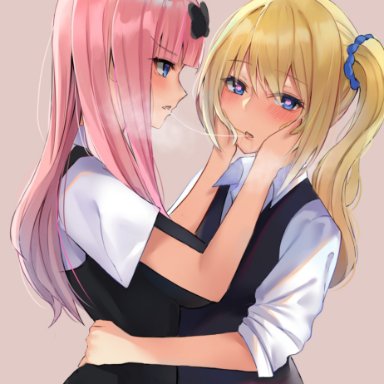 2girls, :d, absurdres, after kiss, artist request, bangs, blonde hair, blue eyes, blue scrunchie, blush, bow, breasts, clothes around waist, collared shirt, commentary request