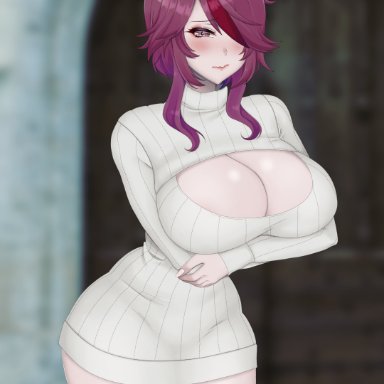 1girls, blush, breasts, cleavage, cleavage cutout, cryptid crab, embarrassed, genshin impact, hair over one eye, hourglass figure, huge breasts, looking at viewer, medium hair, purple eyes, purple hair