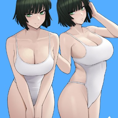 1girls, 2021, artist logo, bangs, bare shoulders, blue background, blunt bangs, breasts, cleavage, closed mouth, donburikazoku, female, female, female focus, female only