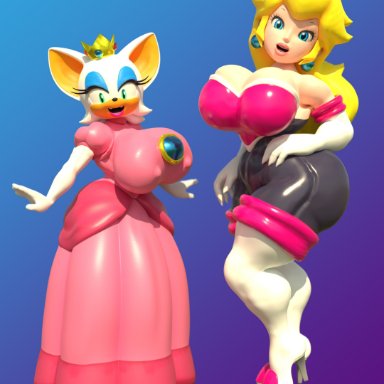 2girls, 3d, anthro, bat, blender, blonde hair, blue eyes, blue eyeshadow, crown, earrings, female, female only, furry, high heels, huge ass