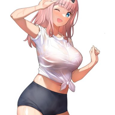 1girls, ;d, a1, arm up, black shorts, blue eyes, bow, bra, bra through clothes, breasts, cowboy shot, female, front-tie top, fujiwara chika, hairbow