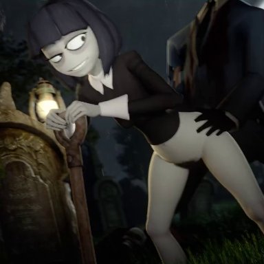 3d, ambiguous penetration, animated, cemetery, clothing, creepy susie, doggy style, gravestone, graveyard, male/female, medium breasts, medium hair, necrophilia, sex, skeleton