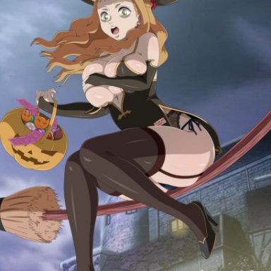 1girls, artanis69, big breasts, black clothing, black clover, black outfit, braid, breasts, broom, broomstick, busty, candy, cleavage, condom, condoms