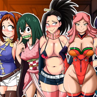 7girls, asuka langley sohryu (cosplay), belmont, big breasts, bikini, black hair, blush, breasts, brown hair, embarrassed, eye contact, fairy tail, female, female only, hair ribbon