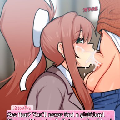 1boy, 1girls, blowjob, brown hair, couple, cum, cum in mouth, cum inside, ddlc text box, doki doki literature club, edit, faceless male, female, female focus, fixing stuff