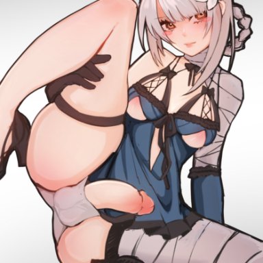 1futa, balls, balls in panties, breasts, clothed, clothing, flaccid, futa only, futanari, human, humanoid penis, kaine (nier), leg up, light-skinned futanari, light skin