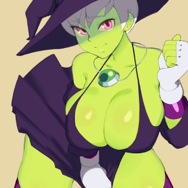 alien, alien girl, cheelai, cleavage, dragon ball, dragon ball super, female, female focus, female only, fingerless gloves, green skin, halloween, halloween costume, huge breasts, looking at viewer