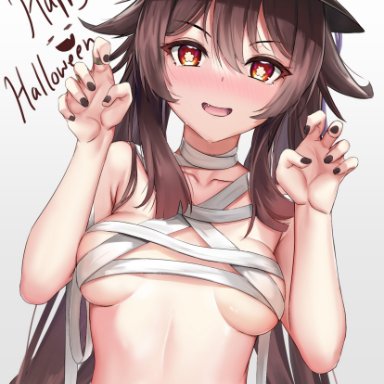 1girls, black nails, blush, breasts, brown hair, cute fang, female, genshin impact, halloween, halloween costume, hat, hi res, hu tao (genshin impact), looking at viewer, midriff